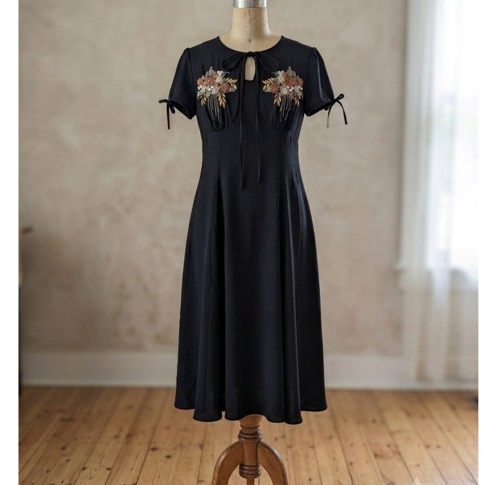Timeless London Ava Black Floral Embroidered Midi Dress Tie Sleeve 40s Vintage